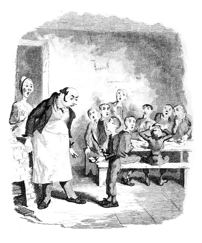 illustration by George Cruikshank from the workhouse scene with Oliver Twist asking for more food
